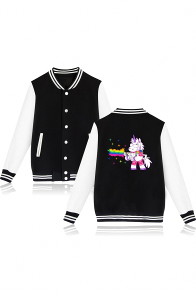 Contrast Striped Trim Stand Up Collar Unicorn Printed Long Sleeve Button Down Baseball Jacket