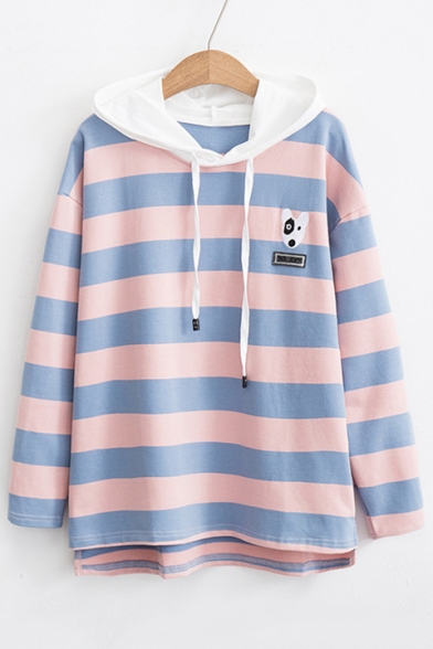 Dog Embroidered Color Block Striped Printed Long Sleeve Hoodie