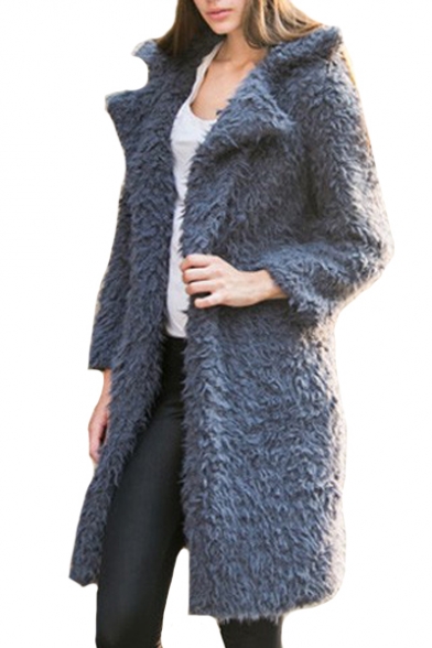 Fake Fur Lapel Collar Long Sleeve Open Front Plain Tunic Coat