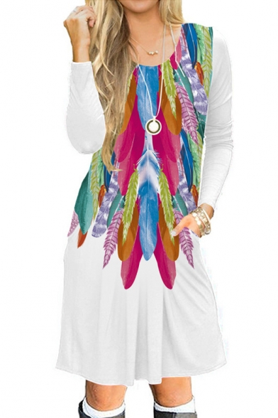 Feather Printed Round Neck Long Sleeve Midi A-Line Dress