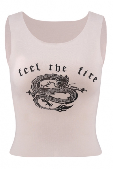 Feel The Fire Letter Dragon Printed Round Neck Sleeveless Crop Tank