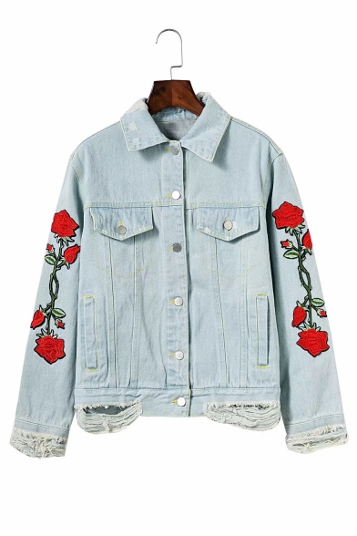 Floral Embroidered Button Down Lapel Collar Long Sleeve Ripped Detail Denim Jacket