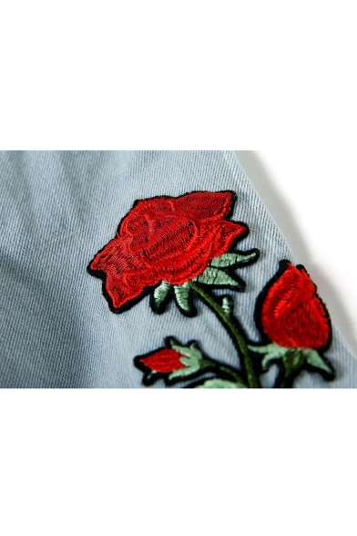 Floral Embroidered Button Down Lapel Collar Long Sleeve Ripped Detail Denim Jacket