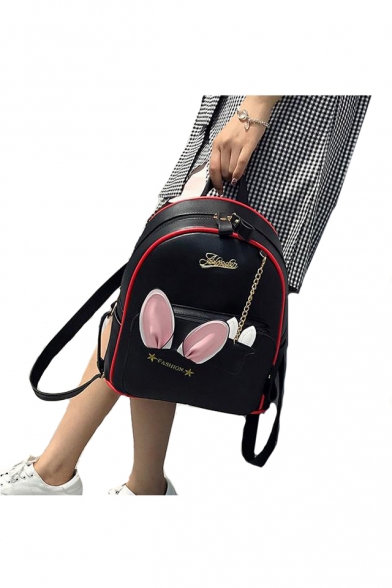 Rabbit Ears Embellished Metal Letter Pattern PU Backpack School Bag