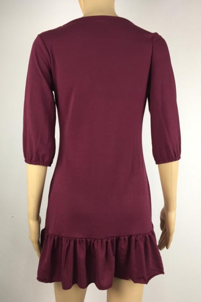 Round Neck 3/4 Length Sleeve Ruffle Hem Plain Mini A-Line Dress