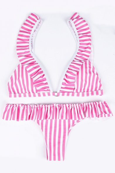 Straps Sleeveless Striped Printed V Neck Triangle Bikini