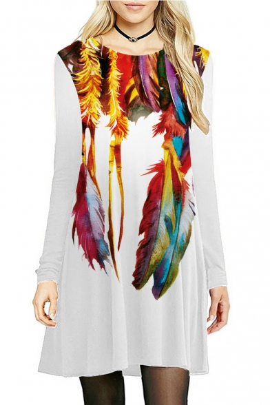 Trendy Feather Printed Long Sleeve Leisure Midi A-Line Dress