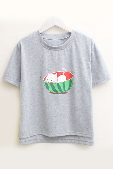 Watermelon Cat Japanese Printed Round Neck Short Sleeve Tee