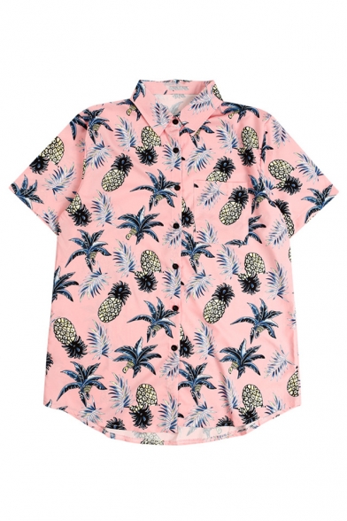 All Over Pineapple Printed Lapel Collar Short Sleeve Button Down Shirt