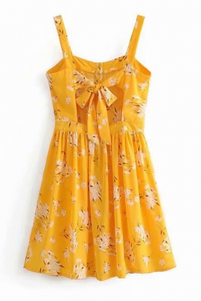 Button Down Straps Sleeveless Floral Printed Hollow Out Back Mini A-Line Dress