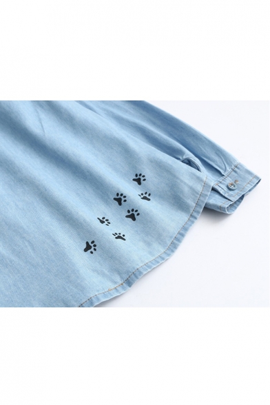 Cat Embroidered Lapel Collar Button Down Long Sleeve Denim Shirt