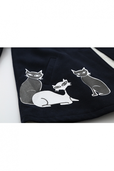 Cat Pattern Single-Breasted Raglan Sleeve Hooded Coat