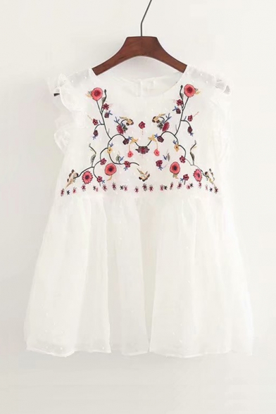 Chic Floral Embroidered Pattern Round Neck Ruffle Trim Sleeveless Dress