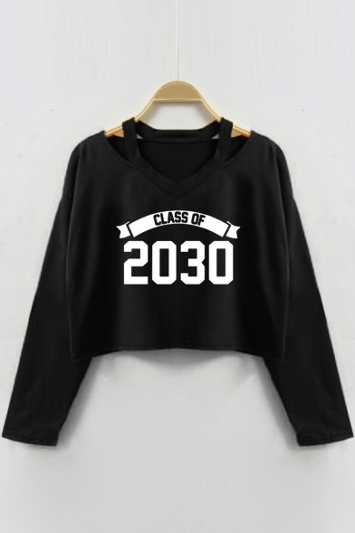 CLASS OF 2030 Letter V Neck Long Sleeve Hollow Out Crop Sweatshirt