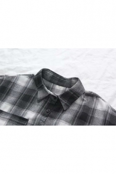 Classic Plaid Printed Lapel Collar Long Sleeve Button Down Dip Hem Shirt