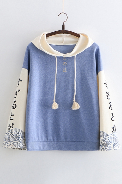 Color Block Japanese Embroidered Long Sleeve Loose Hoodie
