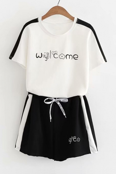 

Color Block Letter Printed Round Neck Short Sleeve Tee with Drawstring Waist Loose Shorts