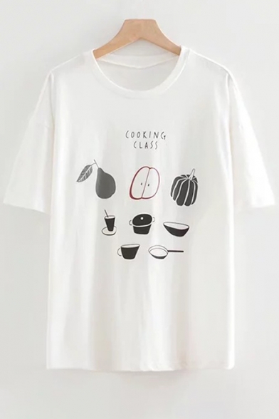 COOKING CLASS Letter Fruit Printed Round Neck Short Sleeve Leisure Tee