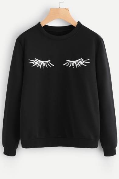 Eyelash Printed Round Neck Long Sleeve Sweatshirt