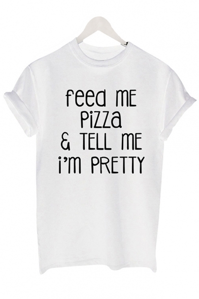 FEED ME PIZZA Letter Printed Round Neck Short Sleeve Tee