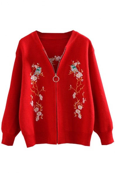 Floral Embroidered Zip Up Long Sleeve Cardigan