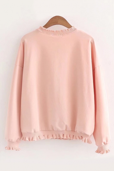 Floral Letter Embroidered Ruffle Trim Round Neck Long Sleeve Sweatshirt