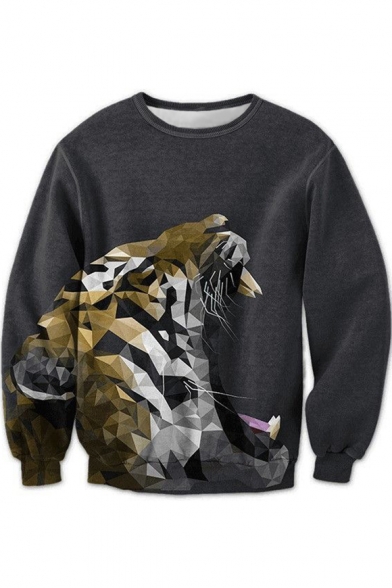 Geometric Mirror Tiger Printed Round Neck Long Sleeve Sweatshirt