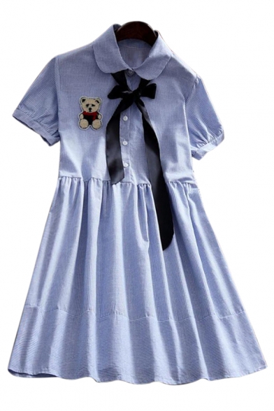 Lovely Bear Embroidered Applique Lapel Collar Striped Printed Short Sleeve Midi A-Line Dress