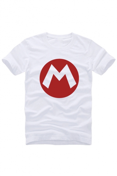 M Letter Printed Round Neck Short Sleeve Leisure Graphic Tee