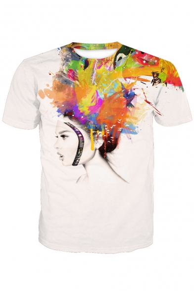 Oil Painting Girl Printed Round Neck Short Sleeve Tee