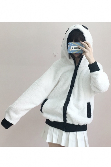 Panda Pattern Long Sleeve Zip Up Hooded Fur Coat