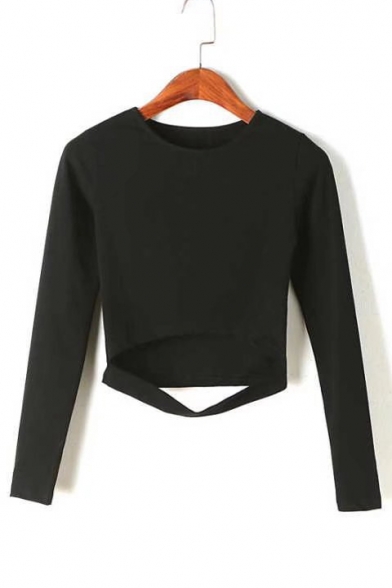 Plain Hollow Out Front Round Neck Long Sleeve Crop Tee
