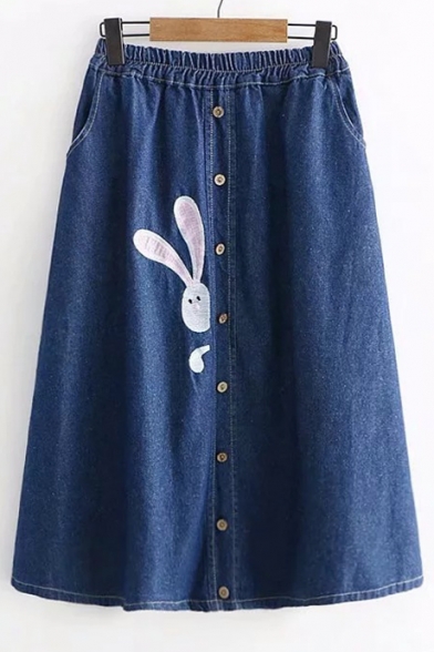 Rabbit Embroidered Button Front Elastic Waist Midi A-Line Denim Skirt