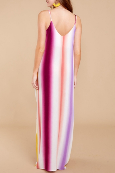 Spaghetti Straps Sleeveless Striped Printed Maxi Cami Dress