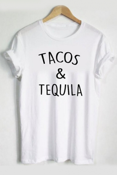 TACOS TEQUILA Letter Printed Round Neck Short Sleeve Tee