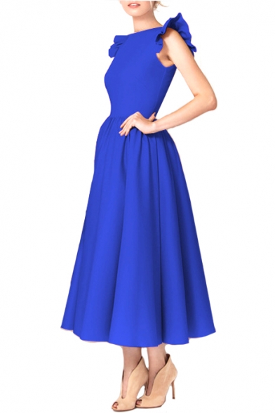 Vintage Sleeveless Round Neck Plain Maxi A-Line Dress