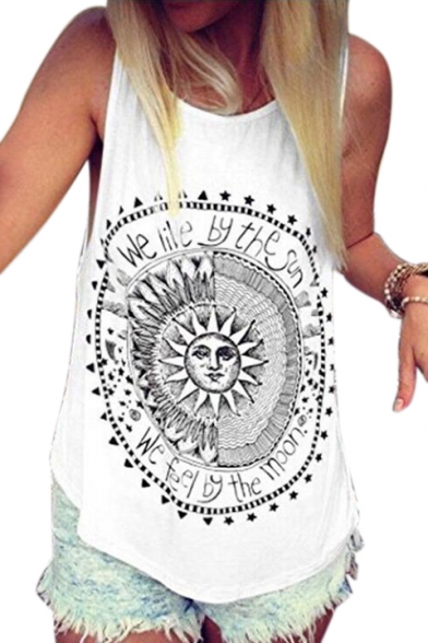 WE LIVE BY THE SUN Letter Printed Round Neck Sleeveless Leisure Tank