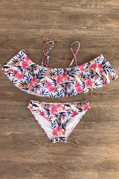 Beach Floral Printed Off The Shoulder Short Sleeve Bikini