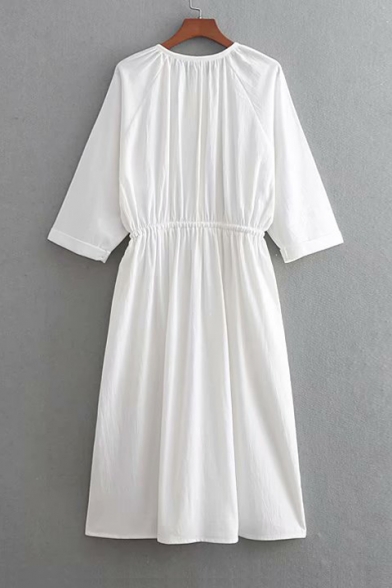 Button Front Round Neck 3/4 Length Sleeve Plain Drawstring Waist Midi A-Line Dress