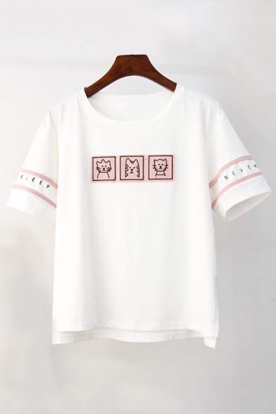 Cat Embroidered Applique Letter Printed Round Neck Short Sleeve Tee