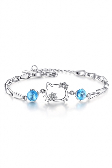 Cat Pattern Diamante Silver Bracelet