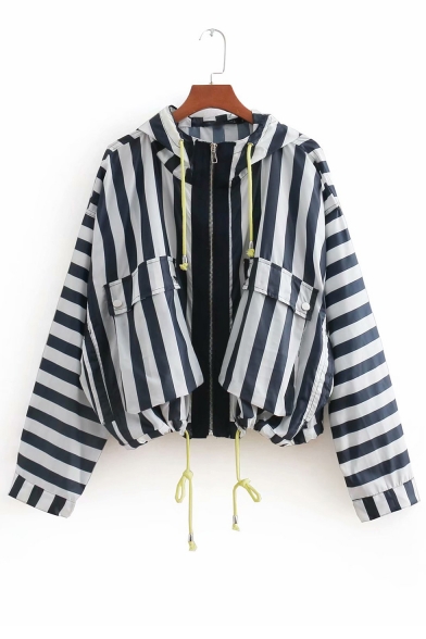 Chic Color Block Striped Printed Zip Up Long Sleeve Hooded Coat