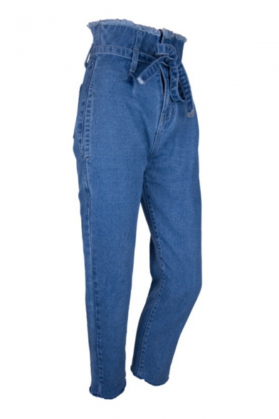 Chic Fringe Hem High Waist Plain Straight Jeans
