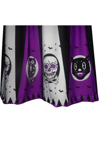 Color Block Skull Animal Printed Elastic Waist Midi Flare Skirt