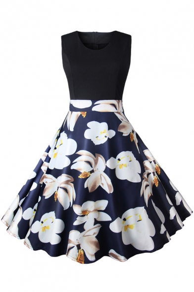Contrast Floral Printed Round Neck Sleeveless Midi Flare Dress
