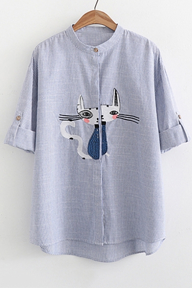Cute Cat Embroidered Striped Printed Stand Up Collar Long Sleeve Button Down Shirt