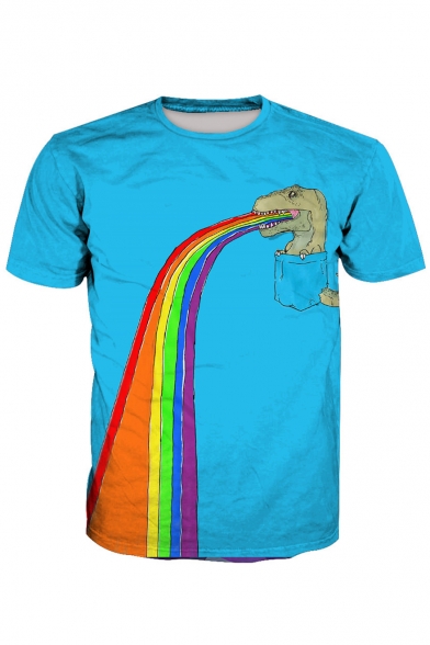 Dinosaur Rainbow Printed Round Neck Short Sleeve Tee