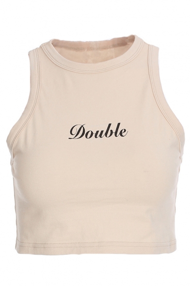 DOUBLE Letter Printed Round Neck Sleeveless Crop Tank