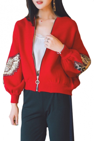 Eagle Pattern Applique Long Sleeve Stand Up Collar Zip Up Crop Jacket