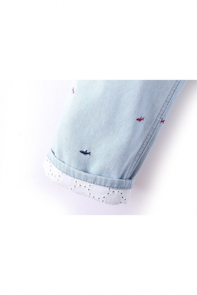 Fish Embroidered Drawstring Waist Crop Jeans